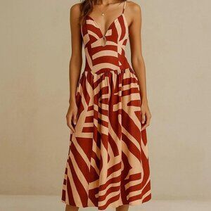 MON RENN Surreal Midi Dress with Teardrop Keyhole Tropico Print New With Tags